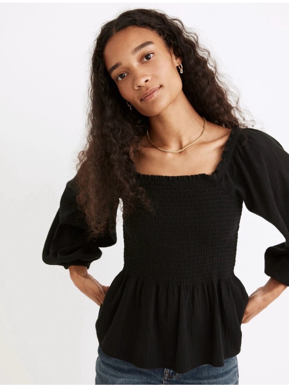Madewell Lucie Black Long-Sleeve Smocked Square-Neck Women’s Top XS 0